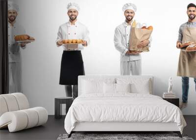 Set of bakers with fresh bread isolated on white Wall mural