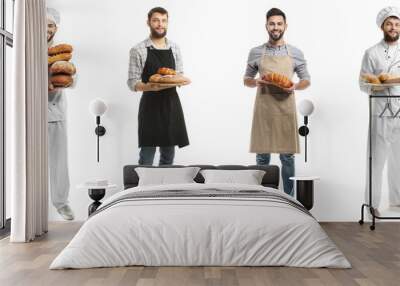 Set of bakers with fresh bread isolated on white Wall mural