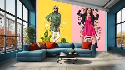 Set of beautiful fashionable women in drawn clothes on color background Wall mural