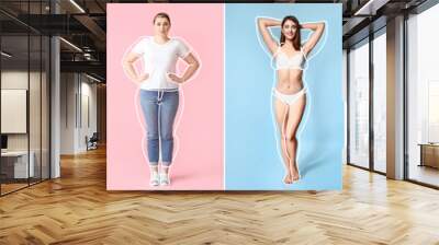 Set of beautiful young women after weight loss on color background Wall mural