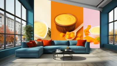 Set of bowls with tasty cheddar cheese sauce and nachos on color background Wall mural