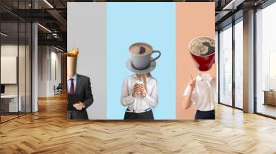 Set of business people with cups of coffee instead of their heads on color background Wall mural