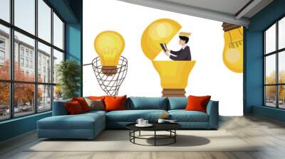 Set of businessmen and big light bulbs on white background. Concept of idea Wall mural