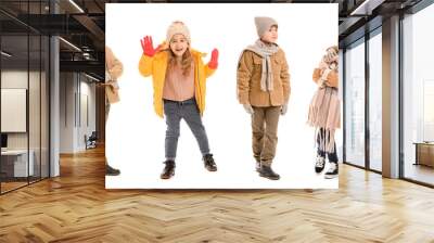 Set of children in winter clothes on white background Wall mural