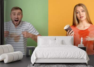 Set of confused people with coffee stains on their clothes against colorful background Wall mural