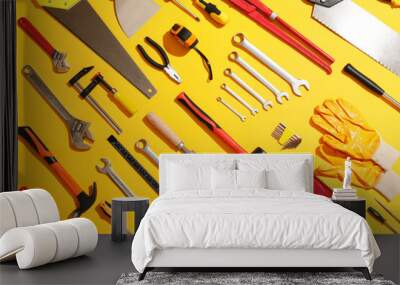 Set of construction tools on color background Wall mural