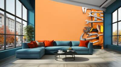 Set of construction tools on color background Wall mural