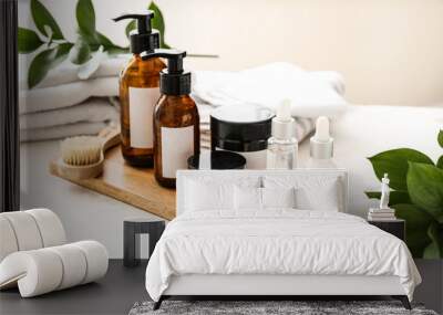 Set of cosmetics for personal hygiene on table Wall mural