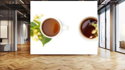 Set of cups with different kinds of tea on white background, top view Wall mural