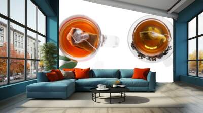 Set of cups with hot tea isolated on white, top view Wall mural