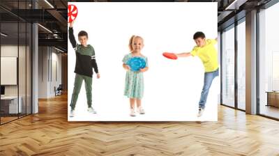 Set of cute children playing frisbee on white background Wall mural