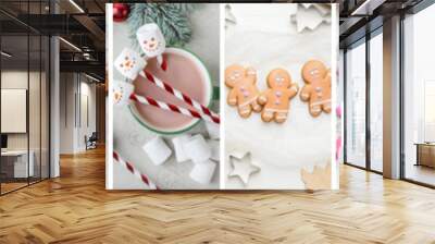 Set of delicious Christmas desserts and cacao drinks on light background, top view Wall mural