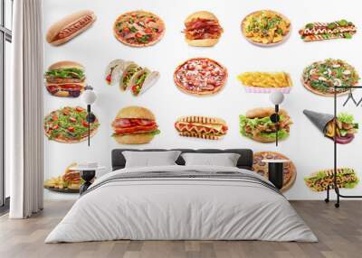 Set of different fast food products on white background Wall mural