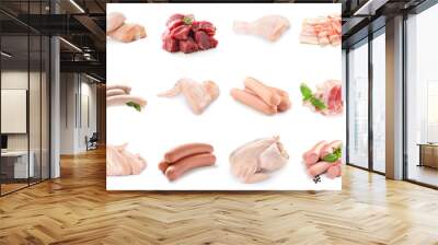 Set of different raw meat and sausages isolated on white Wall mural