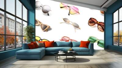 Set of different stylish sunglasses isolated on white Wall mural