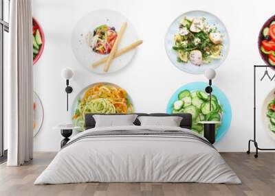 Set of different tasty salads on white background Wall mural