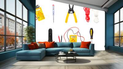 Set of electrician's supplies on white background Wall mural