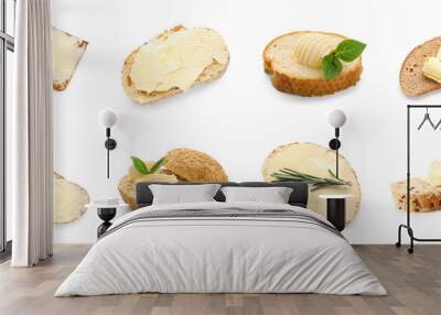 Set of fresh bread with butter isolated on white Wall mural