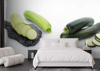 Set of fresh green zucchini on white background Wall mural