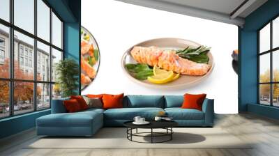 Set of fried salmon steaks with vegetables on white background Wall mural