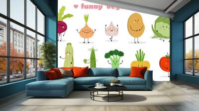 Set of funny vegetables on white background Wall mural