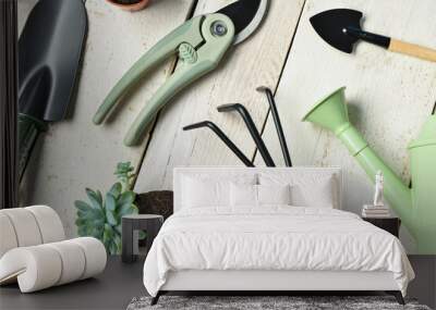 Set of gardening tools on white wooden background Wall mural