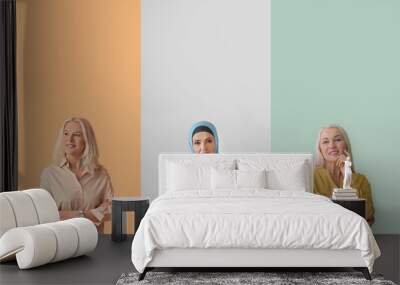 Set of happy mature women on color background. Concept of ageing and menopause Wall mural