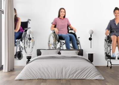 Set of happy people in wheelchair isolated on white Wall mural