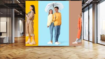 Set of happy stylish couples in autumn clothes on color background Wall mural