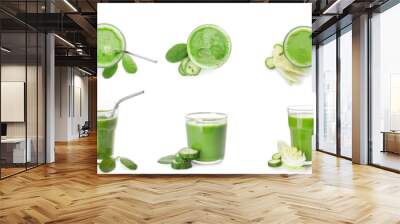 Set of healthy green juices on white background Wall mural