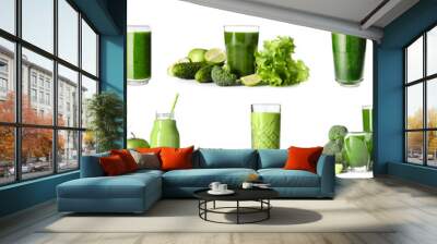 Set of healthy green juices on white background Wall mural