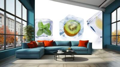 Set of ice cubes with different berries and fruits on white background Wall mural