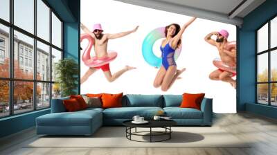 Set of jumping people with inflatable rings isolated on white Wall mural