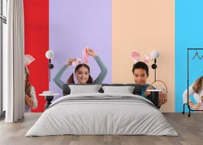 Set of many children celebrating Easter on color background Wall mural