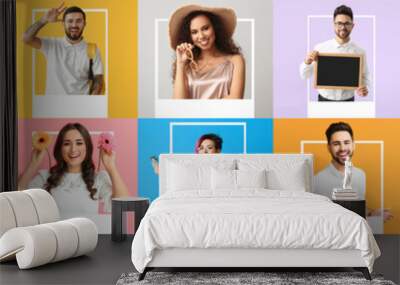 Set of many people looking out of photo frames on colorful background Wall mural