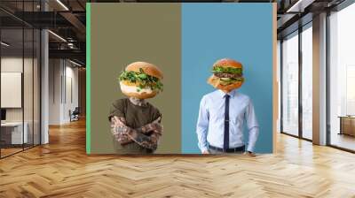 Set of men with tasty burgers instead of their heads on colorful background Wall mural