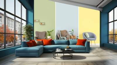 Set of minimalist interiors with stylish furniture and decor near color walls Wall mural