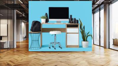 Set of modern workplaces with computers on pink and blue backgrounds Wall mural