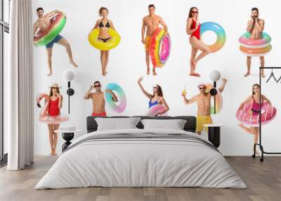 Set of people with inflatable rings on white background Wall mural