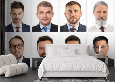 Set of photos of different men for passport on white background Wall mural