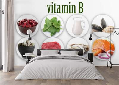 set of products rich in vitamin b on white background Wall mural