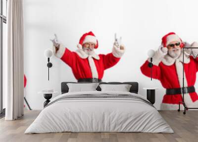 Set of Santa Claus listening to music, singing and playing guitar on white background Wall mural