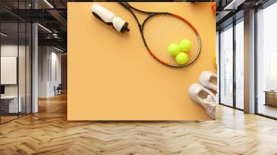 Set of sport equipment on color background Wall mural