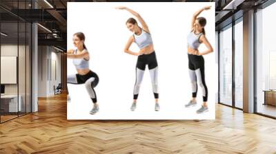 Set of sporty young woman training against white background Wall mural