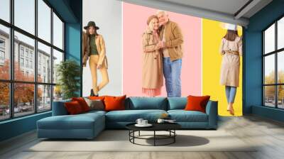 Set of stylish young couples in autumn clothes on color background Wall mural