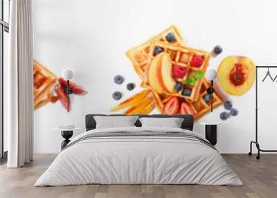 Set of tasty Belgian waffles on white background, top view Wall mural