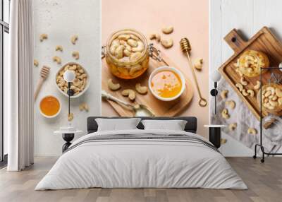 set of tasty cashew nuts and sweet honey Wall mural