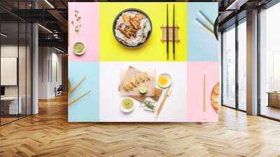 Set of tasty Chinese dishes on color background Wall mural