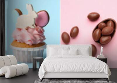 Set of tasty Easter desserts on color background Wall mural