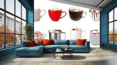 Set of tasty hot chocolate with marshmallows on white background Wall mural